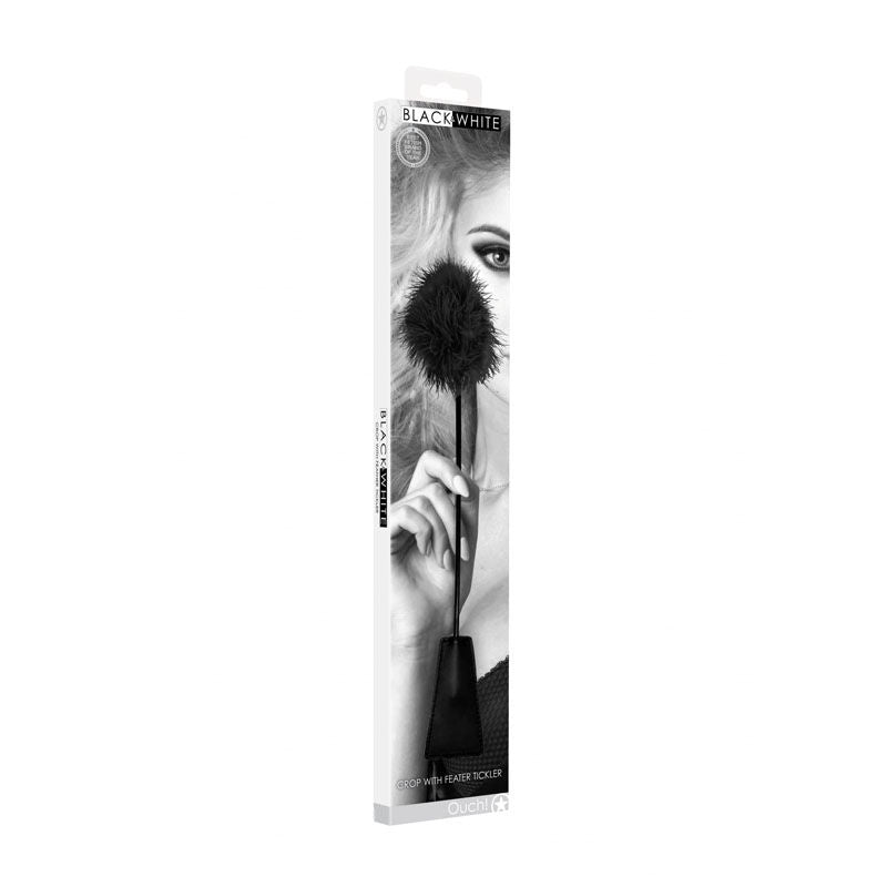 Ouch!  & white crop with feather tickler -  box side view | Flirtybay.com.au